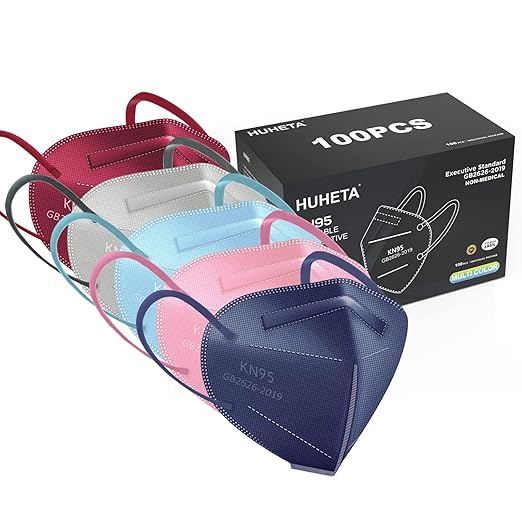 HUHETA KN95 Face Masks 100PCs, 5-Ply Breathable Protective KN95 Mask for Adults Individually Wrapped, Multicolor