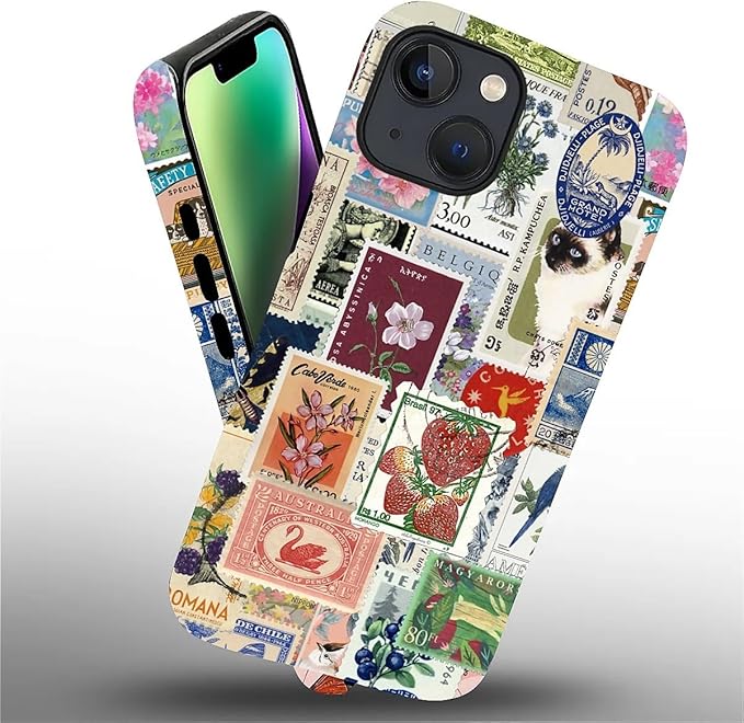 Case for iPhone 13 iPhone 14,Vintage Stamp Collage for Woman Men Full Body Protective Cover Shockproof 2 in 1 Silicone + Hard PC Design Case