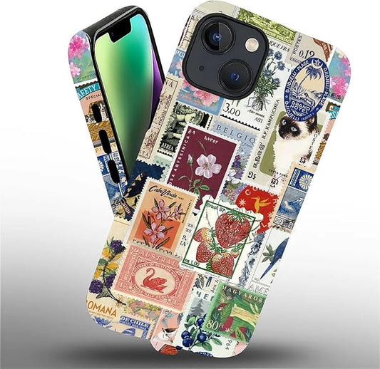 Case for iPhone 13 iPhone 14,Vintage Stamp Collage for Woman Men Full Body Protective Cover Shockproof 2 in 1 Silicone + Hard PC Design Case