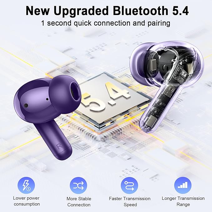 Bluetooth 5.4 Earbuds, 2025 Wireless Headphones Hi-Fi Stereo Ear Buds, 4 ENC Noise Cancelling Mic, 40+Hrs USB-C in-Ear Earphone, IP-X7 Waterproof Sport Workout Gym for Laptop Pad Android iOS