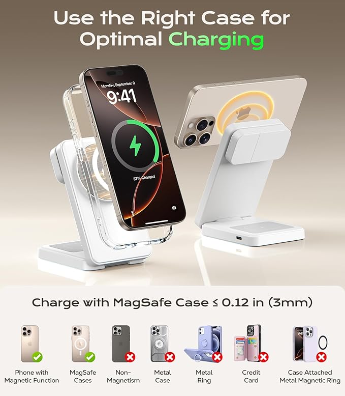3 in 1 Magnetic Charging Station, 15W Fast Wireless Charger Compatible with MagSafe Charger Stand for iPhone 17 16 15 14 13 12, Apple Watch Charger & AirPods, Foldable Travel Charging Dock, White