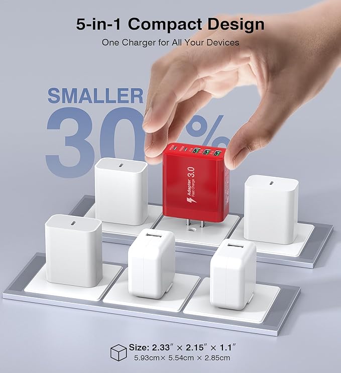 [2-Pack] USB C Wall Charger, 50W Fast USB C Charger Block, 5-Port PD Power Adapter + QC Wall Plug Multiport Type C Charging Block Cube Compatible with iPhone 16 15 14 13 12 11 Pro Max XR XS, Red