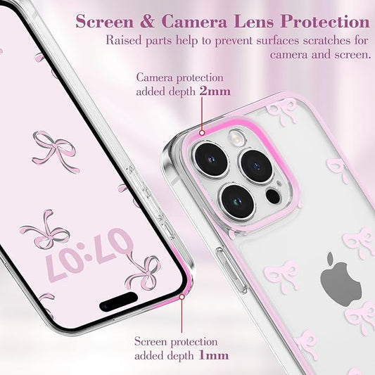 EYZUTAK Case for iPhone 14 Pro, Clear Cute Ribbon Bowknot Pattern Aesthetic Transparent Phone Case Raised Camera Protection Stylish Slim Soft Durable TPU Protective Cover for Women Girls - Pink