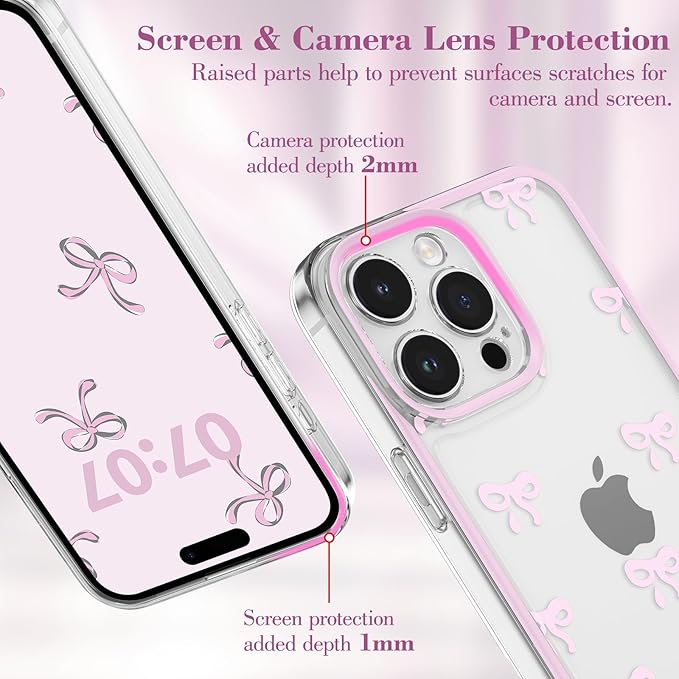 EYZUTAK Case for iPhone 13 Pro Max, Clear Cute Ribbon Bowknot Pattern Aesthetic Transparent Phone Case Raised Camera Protection Stylish Slim Soft Durable TPU Protective Cover for Women Girls - Pink