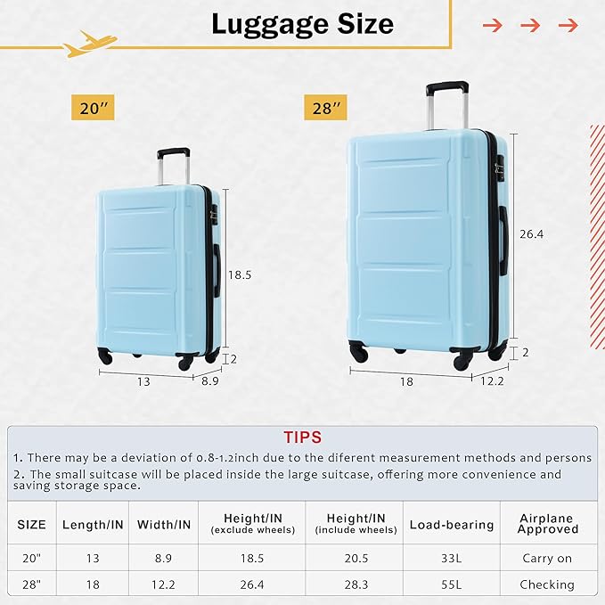 Merax Luggage Set 2 Piece Suitcase Sets with Spinner Wheel,Lightweight Hardside Expandable Travel Laggage with TSA Lock,Suitcase with Travel Bag(20"/28",Baby Blue)