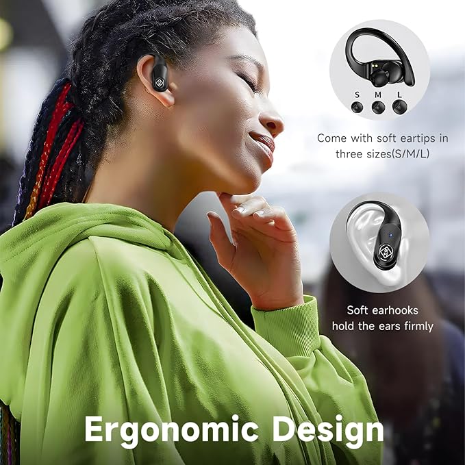 Wireless Earbuds Bluetooth Headphones 96H Playtime LED Display Waterproof Built in Mic Deep Bass Sound Secure Over Ear Buds Ear Hooks for Phone Android Samsung Cell Phones Gym Running Workout Fitness
