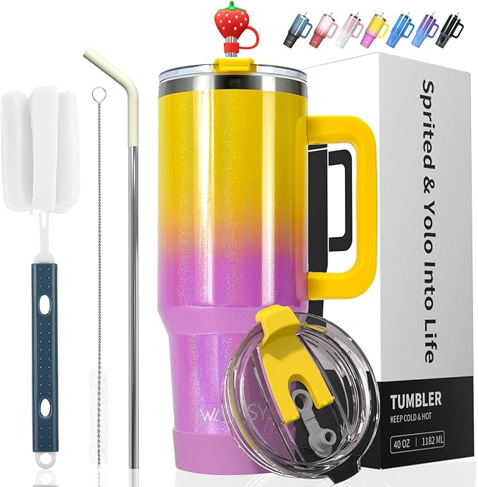 30 oz Shiny Tumbler with Handle and Straw,Stainless Steel Tumbler with Lid and Straw,Insulated Travel Mug(Cold for 34 Hours),Water Bottle for Iced Tea,Coffee (Yellow)