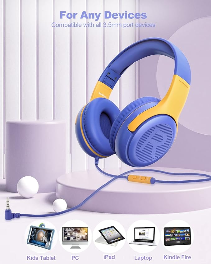 Kids Headphones Wired with Microphone for ipad Computer Laptop for Boys Girls Volume Limit Foldable Over Ear Headset for School 3.5mm Jack