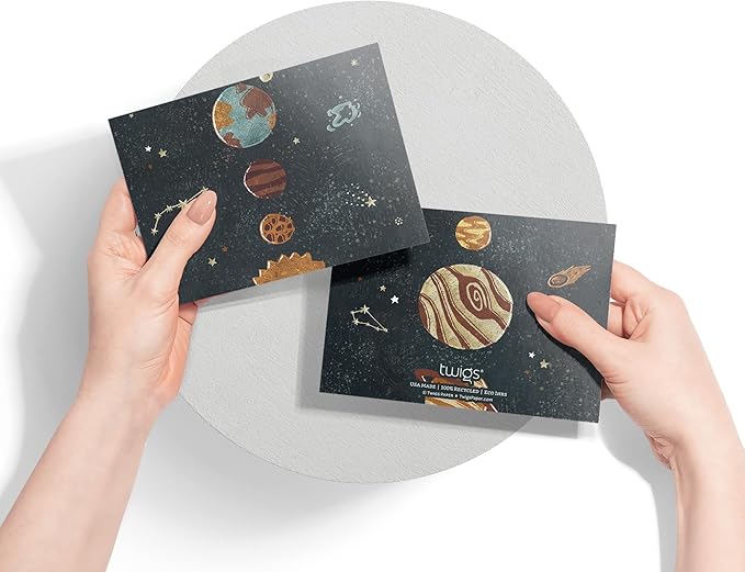 Twigs Paper 12 pcs Space Themed Note Card Set - Assorted Greeting Cards for Every Occasion with Envelopes Included - Cute and Unique Designs - Bulk Stationery Pack - 5.5 x 4.25 Inch Eco-Friendly Paper