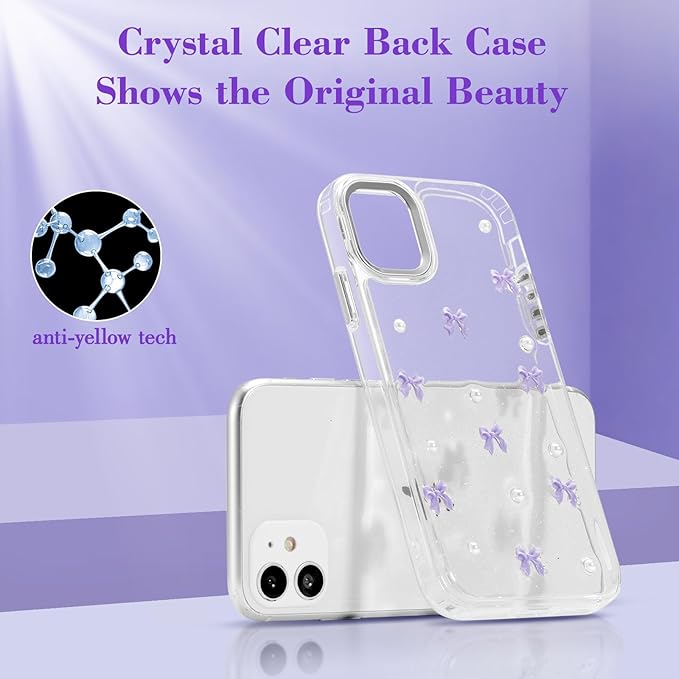 EYZUTAK Case for iPhone 11, Bling Glitter 3D Bowknot Phone Case Cute Sparkly Crystal Clear Bow Aesthetic Design Case Slim Soft Durable TPU Transparent Protective Cover for Women Girl - Purple Bow