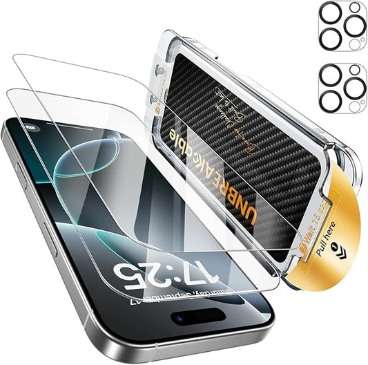 UNBREAKcable 2+2 Pack for iPhone 16 Pro Screen Protector & Lens Protector 【Military-Grade】【Easy Install】【Efficient Night Shot】9H+ Shatterproof Tempered Glass Film,Bubble-Free&Anti-Fingerprint ,Case Friendly-6.3 inch