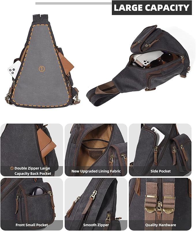 KL928 Canvas Sling Bag - Casual Crossbody Shoulder Daypack Rucksack Backpack for Men Women, Black