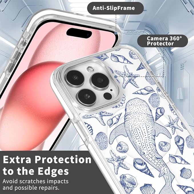 DAIZAG Case for iPhone 16 Plus, [Compatible with MagSafe],Phone Case for Women Girls Magnetic Clear Cover,Blue Seashell Whale Shark Ocean