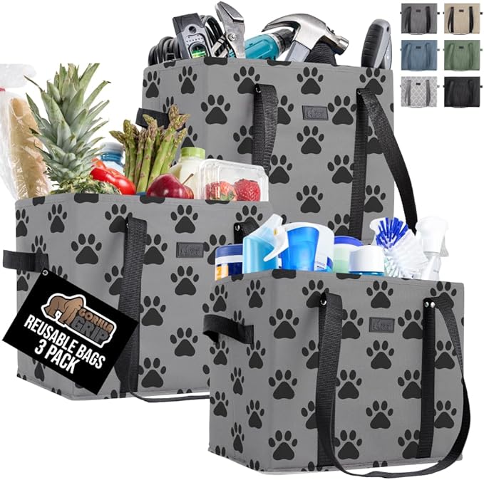 GORILLA GRIP Heavy Duty Foldable Reusable Grocery Bags, 3 PK, Tear Resistant Box Shape Shopping Tote with Reinforced Handles, Grip Feet, Easily Carry and Transport Groceries, 13x10x11, Paw Gray Black