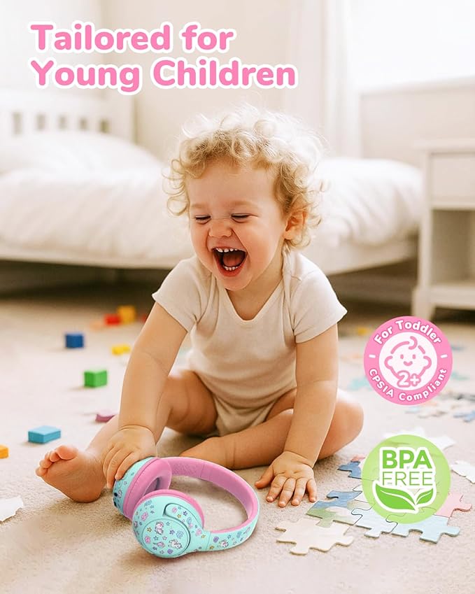 iClever BTH27 Toddler Headphones for 2+ Year Old-CPC Certified, 75/80dBA Safe Volume Limited, 74H Playtime, Bluetooth 5.4, BPA Free, Kids Bluetooth Headphones Aux Cord for Travel iPad, Green/Pink
