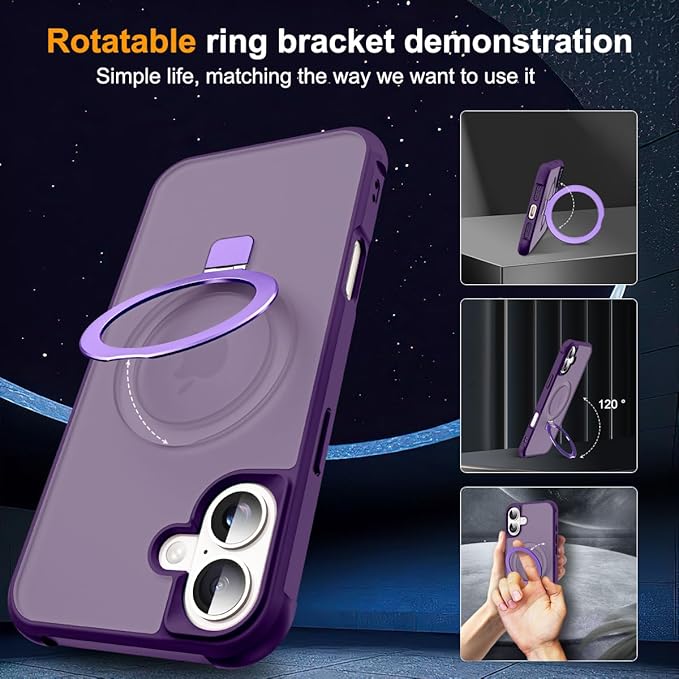 Compatible with iPhone 16 Plus Case with Invisible Magnetic O-Ring Stand Military-Grade Translucent Case for iPhone 16 Plus 6.7" [Compatible with Mag-Safe][Great Grip Feeling], Purple