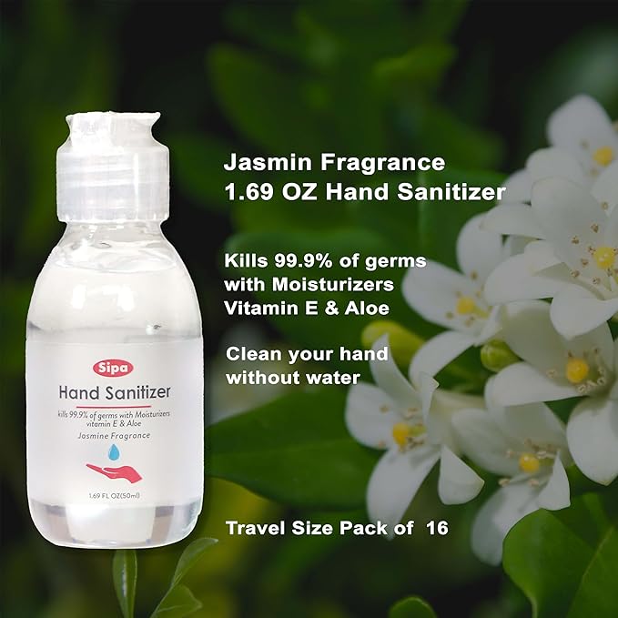 SIPA Hand Sanitizer 1.69 oz/ 50 ml, Travel Size, Jasmine Scent, Flip Cap Bottle each, Refreshing Soothing Gel with Aloe, and Vitamin E, (Pack of 16)