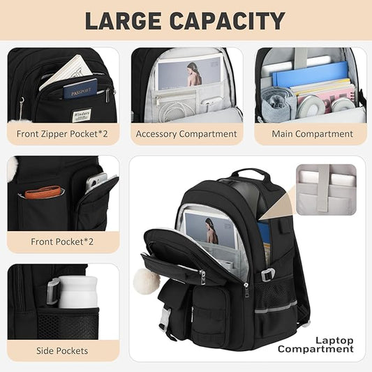 School Backpack for Teen Girls, Cute Laptop Backpack for Women Students, Large Middle High School Bags Aesthetic Bookbag for College Travel Fit 17.3 Inch Laptop (Black)