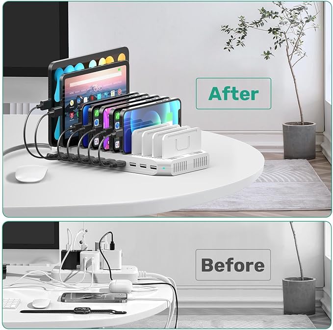 60W 10 Ports USB Charging Station for Multiple Devices, Multiple Charging Station with Adjustable Dividers Compatible with Tablets, Kindle, Smartphones