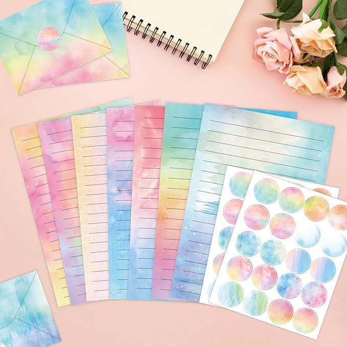 160 Pcs Stationery Paper Envelopes Set Includes 50 Lined Writing Paper & 50 Envelopes with 60 Colorful Round Dot Stickers, Cute Vintage Watercolor Letter Writing Stationery Paper Envelopes(10Style)