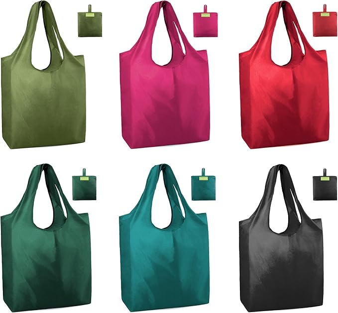 BeeGreen Colorful Reusable Grocery Bags 6 Pack, Heavy Duty Totes for Women, Foldable Grocery Bag Large Shopping Totes with Handles for Work, Travel, Gift, Store, Polyester Washable Reusable Tote Bag