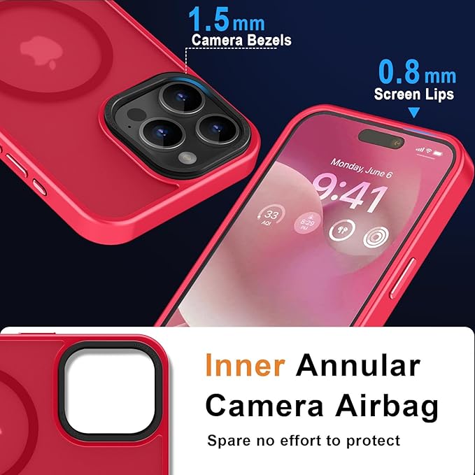 MOCCA Strong Magnetic for iPhone 15 Pro Max Case, [Compatible with Magsafe][13FT Military Drop Protection] Slim Translucent Matte Shockproof Case for iPhone 15 ProMax Case 6.7'', Red