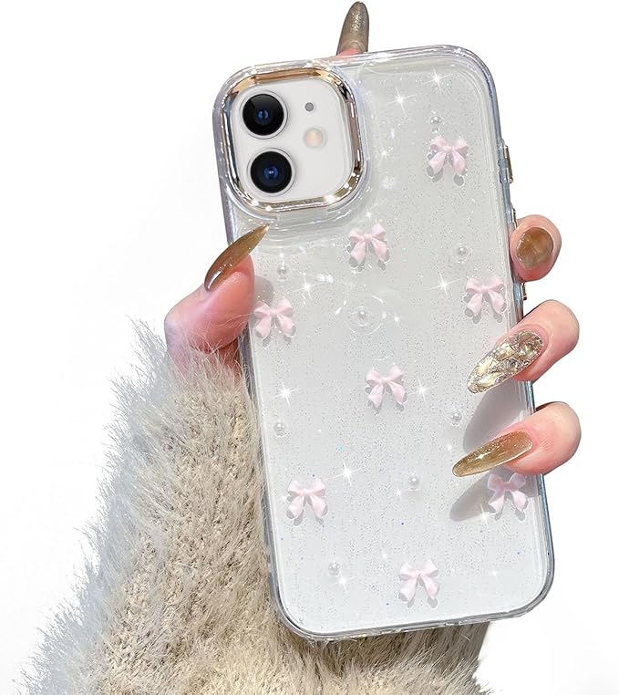 EYZUTAK Case for iPhone 11, Bling Glitter 3D Bowknot Phone Case Cute Sparkly Crystal Clear Bow Aesthetic Design Case Slim Soft Durable TPU Transparent Protective Cover for Women Girl - Pink Bow