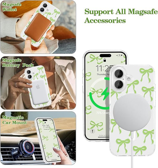 UEEBAI Magnetic for iPhone 17 Case, Bow Case Compatible with MagSafe, Wireless Slim Clear Ribbon Aesthetic Phone Cover Anti-Yellowing Shockproof Protective Cover for Women Girl - Green