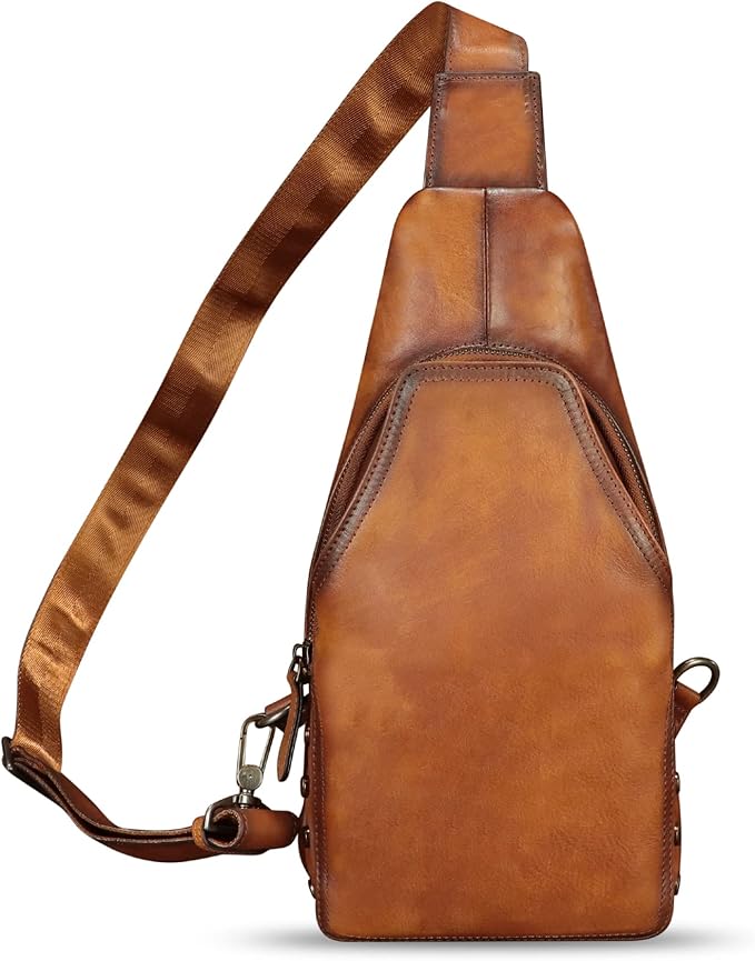 Genuine Leather Sling Bag Retro Crossbody Sling Backpack Handmade Chest Shoulder Daypack Purses Fanny Pack (Brown)