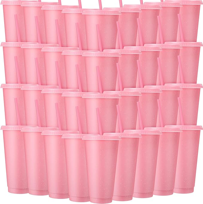 Honeydak 60 Pack Tumbler with Straw and Lid Bulk Glitter Plastic Cups Water Bottle Iced Coffee Travel Mug Reusable Party Favor Cups for Birthdays travel 24-27 oz (Light Pink)