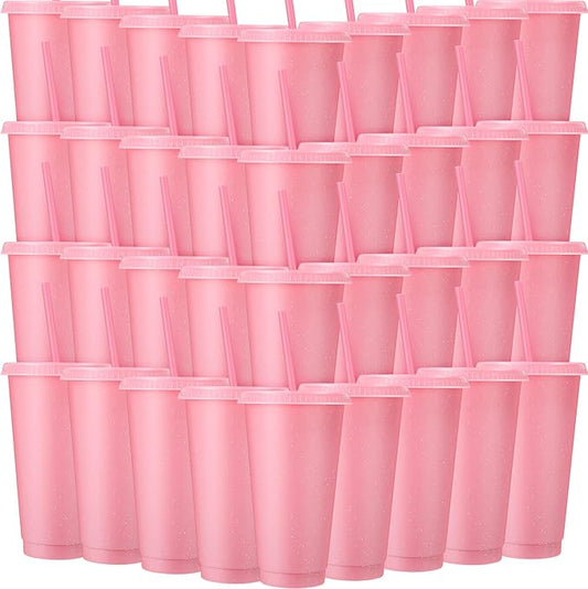 Honeydak 60 Pack Tumbler with Straw and Lid Bulk Glitter Plastic Cups Water Bottle Iced Coffee Travel Mug Reusable Party Favor Cups for Birthdays travel 24-27 oz (Light Pink)