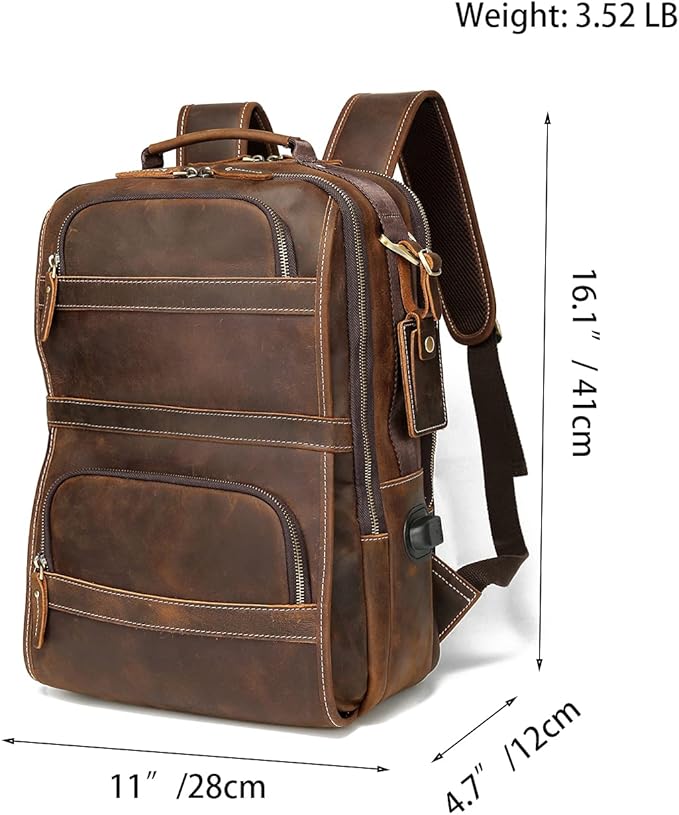 LANNSYNE Vintage Genuine Leather Backpack For Men 15.6 Inch Laptop Bag Overnight Weekender Camping Daypack Rucksack