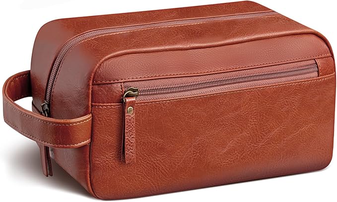 Travel Toiletry Bag for Men and Women, Travel Shaving Dopp Kit Water-resistant Bathroom Toiletries Organizer PU Leather Cosmetic Bags (Brown)