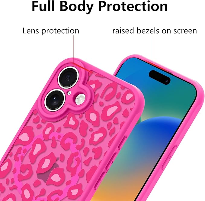 KANGHAR Case for iPhone 16 Hot Pink Leopard Printed Pattern Cute Cheetah [Compatible with Magsafe] Protective Magnetic Case for Girls Women 6.1"