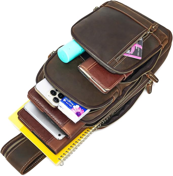 LANNSYNE Full Grain Leather Sling Bag For Men Crossbody Chest Daypack fits 10.5" iPad