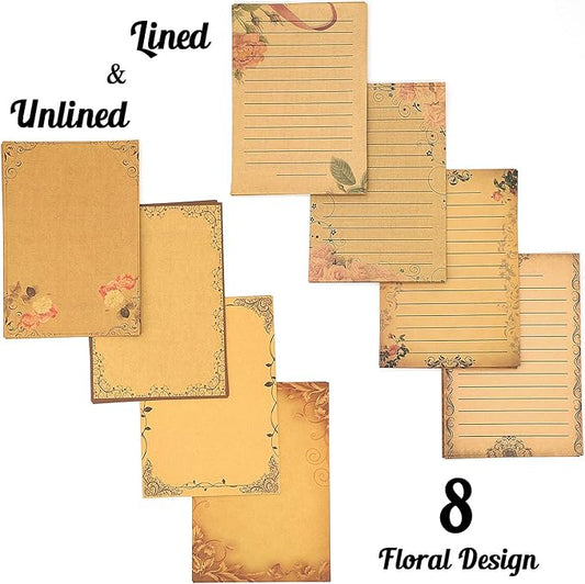 128 Sheets 8 Style Vintage Stationary Paper, 5.7 x 8.3 inch A5 Size 100gsm Kraft Floral Printed Letter Writing Stationery Bulk Set for Personalized Letters, Creative Poems, Lyrics, Notes, etc.