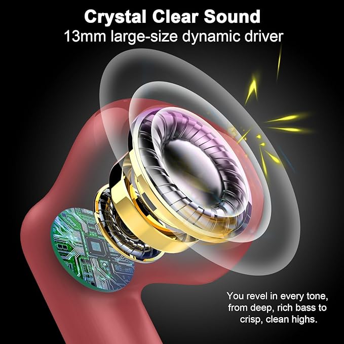 Wireless Earbuds, Bluetooth 5.4 Headphones in Ear with Noise Cancelling Mic, Bluetooth Earbuds Stereo Bass, IP7 Waterproof Sports Earphones, 32H Playtime USB C Charging Ear Buds Red for Android iOS