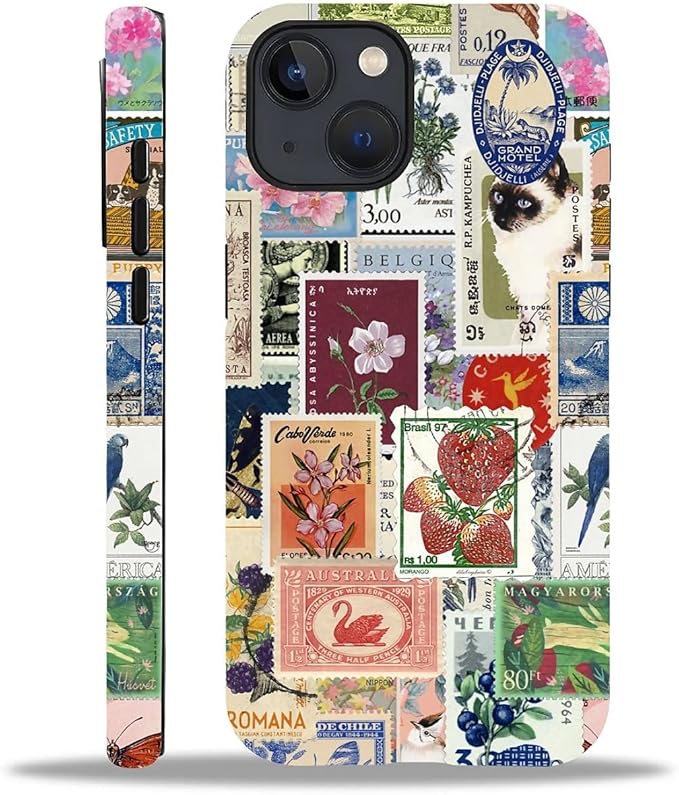 Case for iPhone 15 Plus,Vintage Stamp Collage for Woman Men Full Body Protective Cover Shockproof 2 in 1 Silicone + Hard PC Case for iPhone 15 Plus