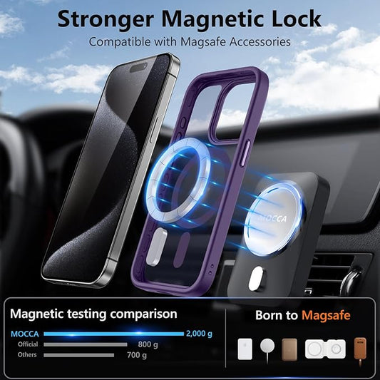 MOCCA Strong Magnetic for iPhone 15 Pro Case, [Compatible with Magsafe][13FT Military Drop Protection] Slim Translucent Matte Shockproof Case for iPhone 15 Pro Phone Case 6.1'', Deep Purple