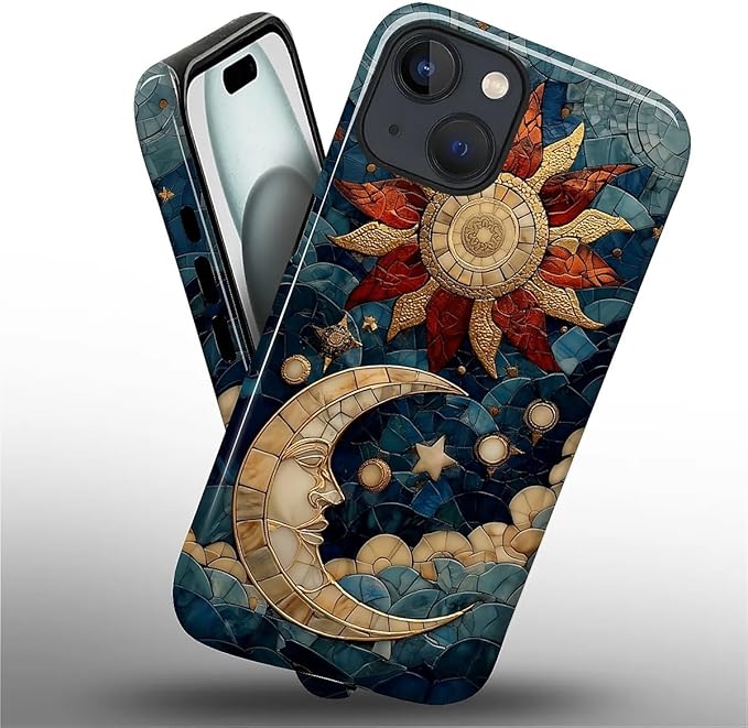 Case for iPhone 15 Case,Sun Moon Stars Faux Stained Glass Design - Hybrid Dual Protection Silicone + Hard PC Shockproof Full Body Cover Slim Anti-Scratch Protective Case for Men Women