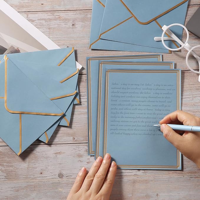 50 Pack Stationery Set with Gold Border, A6 Envelopes and 6x8 Paper Sheets and Stickers for Writing Letters (Dusty-Blue, 6x8 Inches)