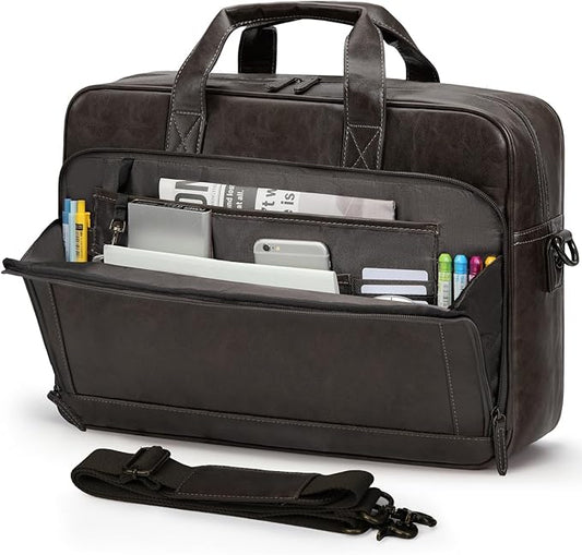 RAINSMORE Mens Laptop Bag 16 Inch Leather Briefcase Vintage Messenger Bag for Men Large Crossbody Shoulder Office Computer Bag Retro College Satchel for Work, Business,Travel, Coffee