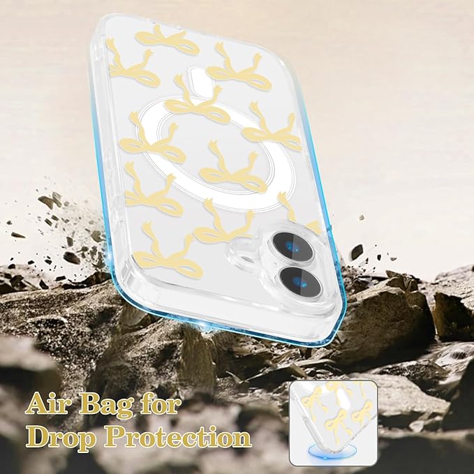 UEEBAI Magnetic for iPhone 16 Plus Case, Bow Case Compatible with MagSafe, Wireless Slim Clear Ribbon Aesthetic Phone Cover Anti-Yellowing Shockproof Protective Cover for Women Girl - Yellow