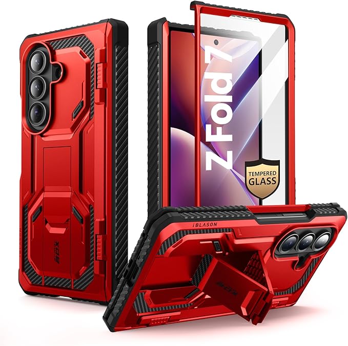 i-Blason Armorbox for Samsung Galaxy Z Fold 7 Case with Stand [Tempered Glass Screen Protector] [Hinge Protection] Full-Body Heavy Duty Rugged Shockproof Protective Case for Z Fold 7 (Red)