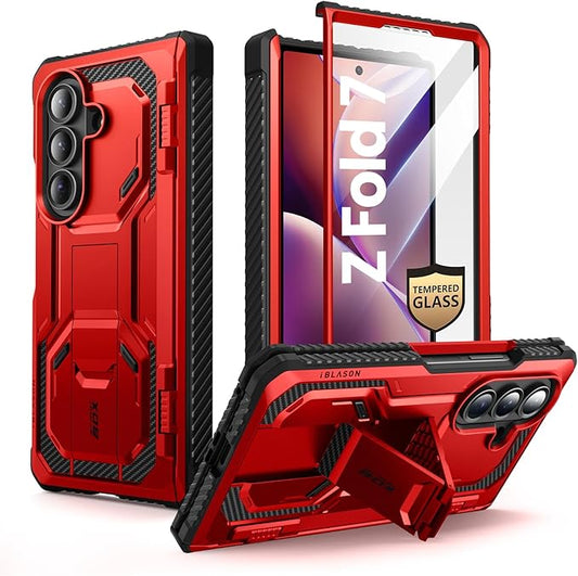i-Blason Armorbox for Samsung Galaxy Z Fold 7 Case with Stand [Tempered Glass Screen Protector] [Hinge Protection] Full-Body Heavy Duty Rugged Shockproof Protective Case for Z Fold 7 (Red)