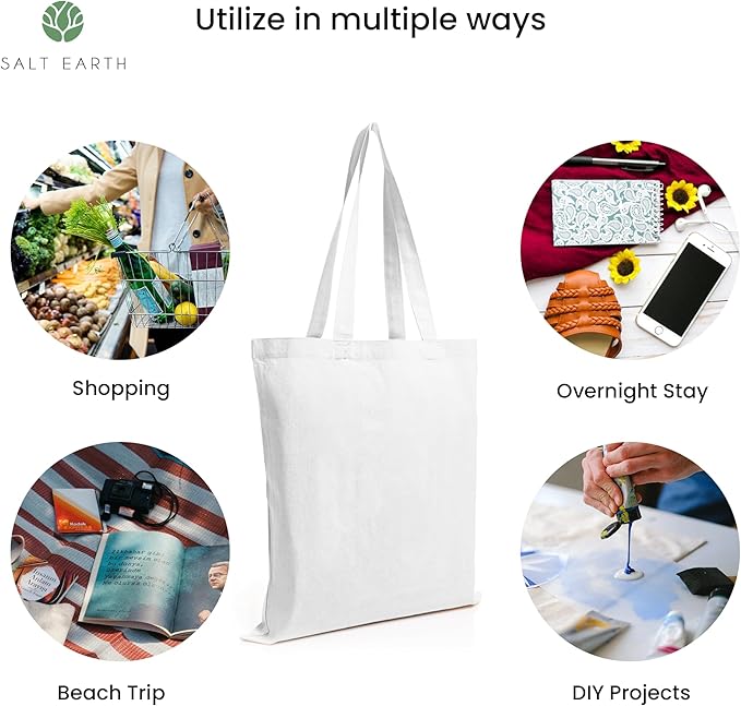 Salt Earth Pack of 5 | 6 | 12 | 24 | 48 – 100% Cotton Reusable Tote Bags – Bulk Grocery, Shopping, DIY, Beach & Gift Use