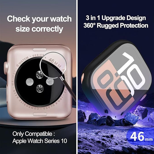 3 in 1 Waterproof Case for Apple Watch Series 11(2025) Series 10 Screen Protector 46mm Accessories Built-in Tempered Glass, 360°Full Protective PC Bumper Face Cover Compatible iWatch 46mm