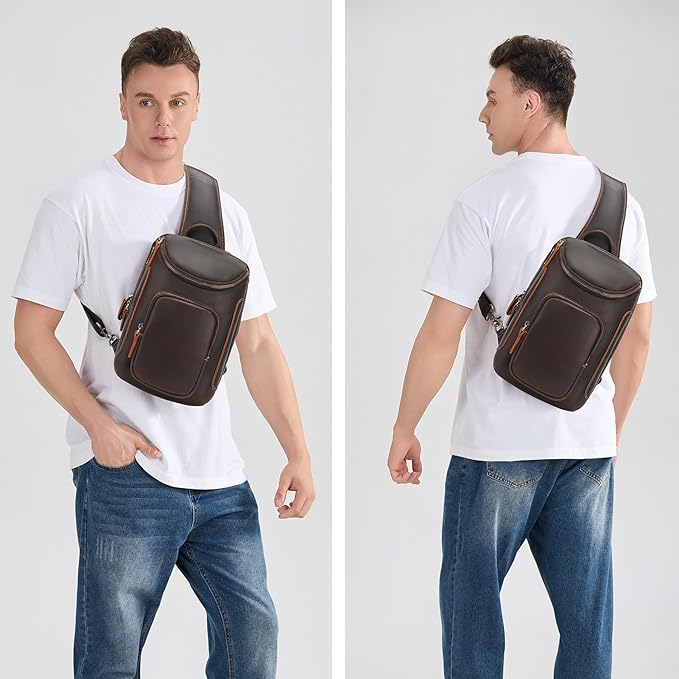 LANNSYNE Full Grain Leather Sling Bag For Men, Crossbody Chest Daypack Fits 10.5" iPad, Men’s Crossbody Bag