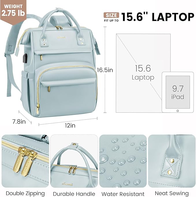 LOVEVOOK Leather Laptop Backpack for Women 15.6 inch,Travel Backpack Purse Nurse Teacher Backpack Computer Laptop Bag,Professional College Business Work Bags Carry On Backpacks with USB Port,Pink Blue