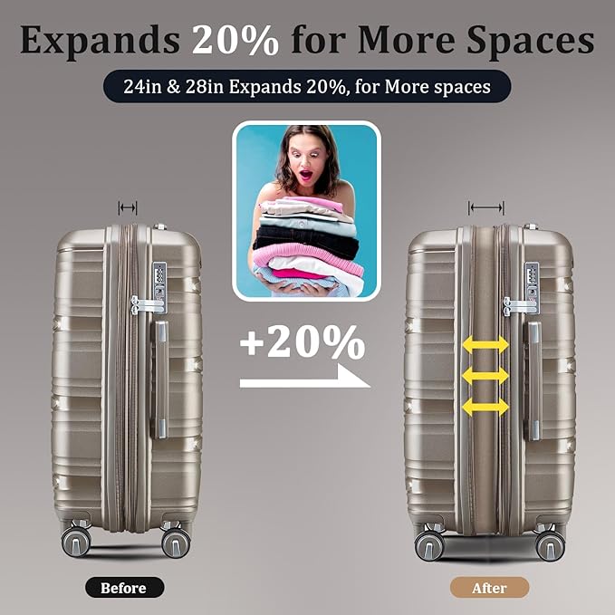 Luggage Set 4 Piece with Spinner Wheel, TSA Approved Expandable Hardshell Suitcase, Lightweight Travel Family Set for Men and Women(Champagne)